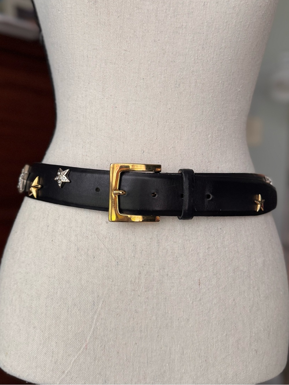 VTG Carlisle Black Leather Star Studded Belt S Gold Buckle Celestial 90’s Punk - Picture 14 of 16